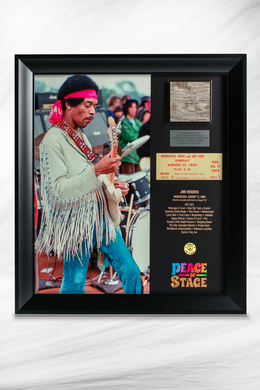 Limited Edition Jimi Hendrix Frame with Piece of 1969 Woodstock Stage and Original Ticket