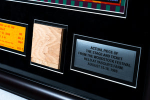 Limited Edition SIGNED David Byrd Poster Frame with Piece of 1969 Woodstock Stage and Original Ticket