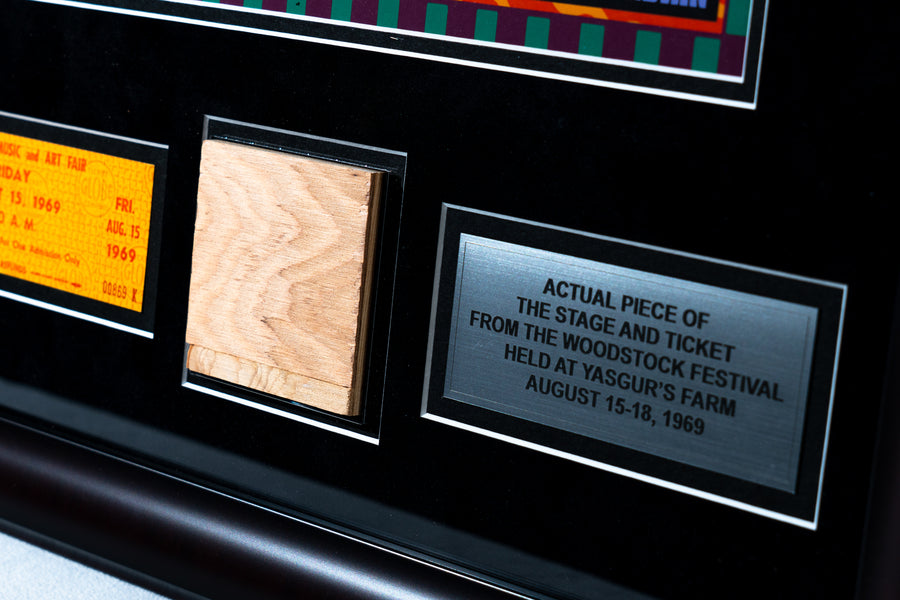 Limited Edition SIGNED David Byrd Poster Frame with Piece of 1969 Woodstock Stage and Original Ticket
