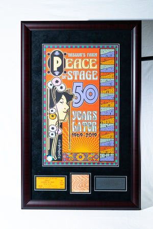 Limited Edition SIGNED David Byrd Poster Frame with Piece of 1969 Woodstock Stage and Original Ticket
