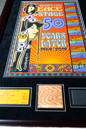 Limited Edition SIGNED David Byrd Poster Frame with Piece of 1969 Woodstock Stage and Original Ticket