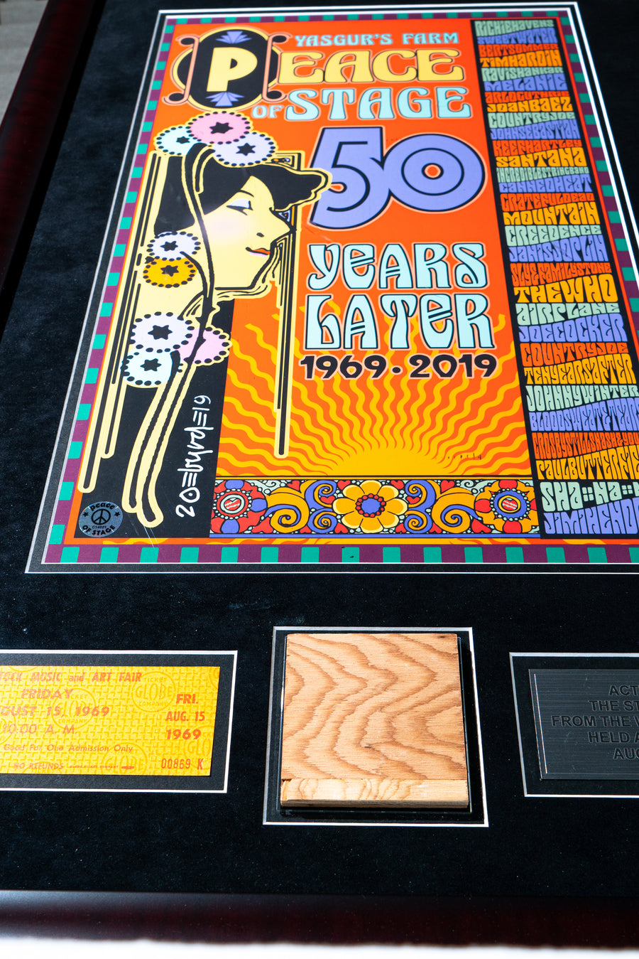 Limited Edition SIGNED David Byrd Poster Frame with Piece of 1969 Woodstock Stage and Original Ticket