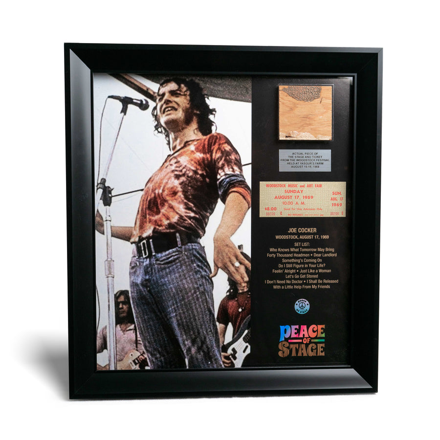 Joe Cocker Frame with Piece of 1969 Woodstock Stage and Original Ticket