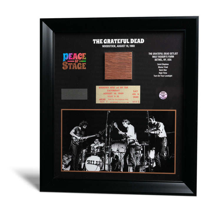 The Grateful Dead Frame with Piece of 1969 Woodstock Stage and Original Ticket