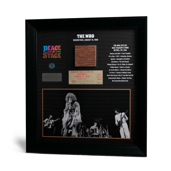 The Who Frame with Piece of 1969 Woodstock Stage and Original Ticket