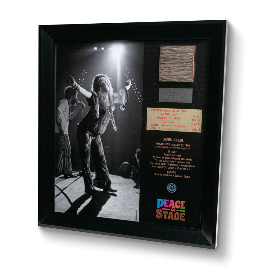 Janis Joplin Frame with Piece of 1969 Woodstock Stage and Original Ticket