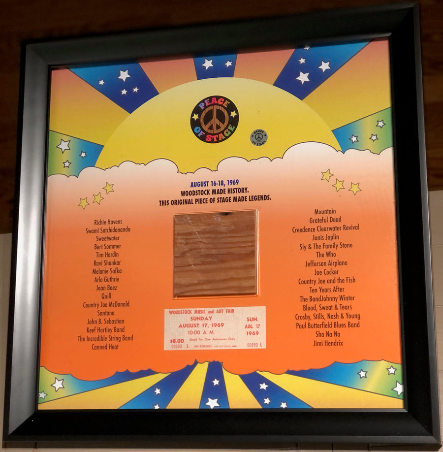 Stage Made Legends Frame With Piece of 1969 Woodstock Stage and Original Ticket
