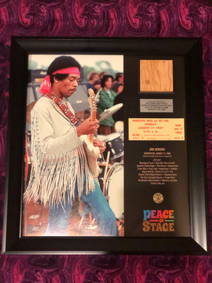 Limited Edition Jimi Hendrix Frame with Piece of 1969 Woodstock Stage and Original Ticket - The Stage - Peace Of Stage LLC - Peace Of Woodstock Stage