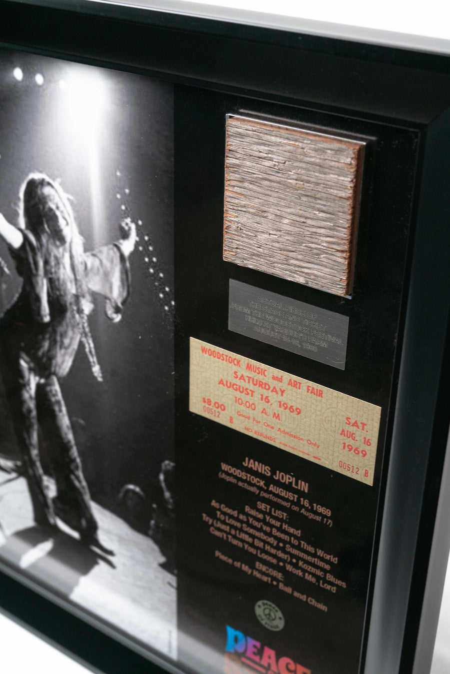Janis Joplin Frame with Piece of 1969 Woodstock Stage and Original Ticket